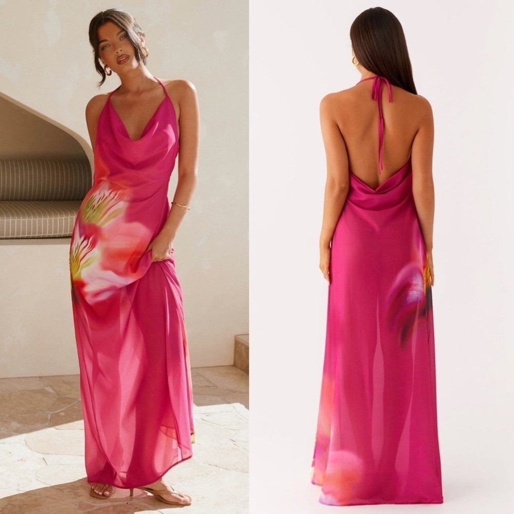 Peppermayo Fantasy Maxi Dress Pink Tropical Floral Halter Cowl‎ Neck US 0 NEW